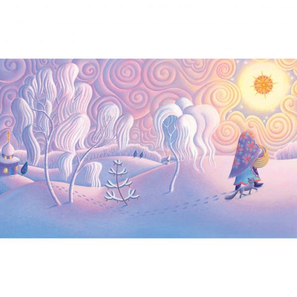 Endpaper illustration from Babushka Dawn Casey. ‘Babushka and her cat on their journey’