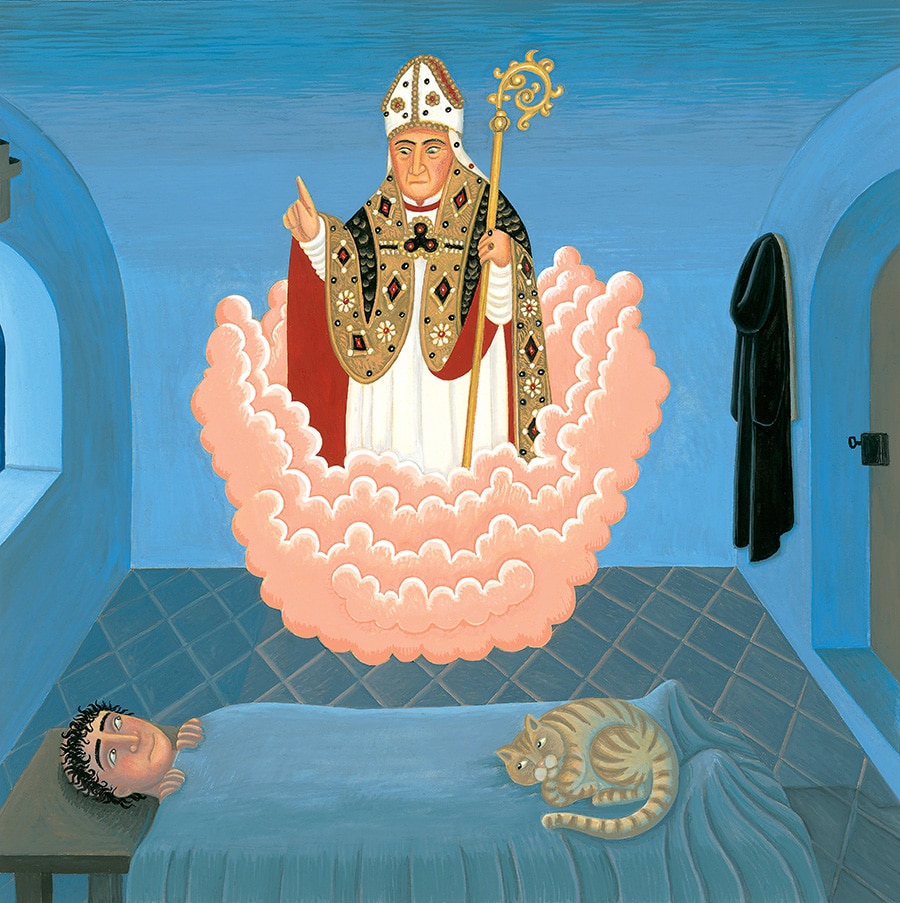 Brother Giovannis Little Reward Gallery. Illustration 20 ‘The Bishop appearing in Brother Giovanni’s nightmare’ (Pixel dimensions available w3723 x h3702 includes bleed)