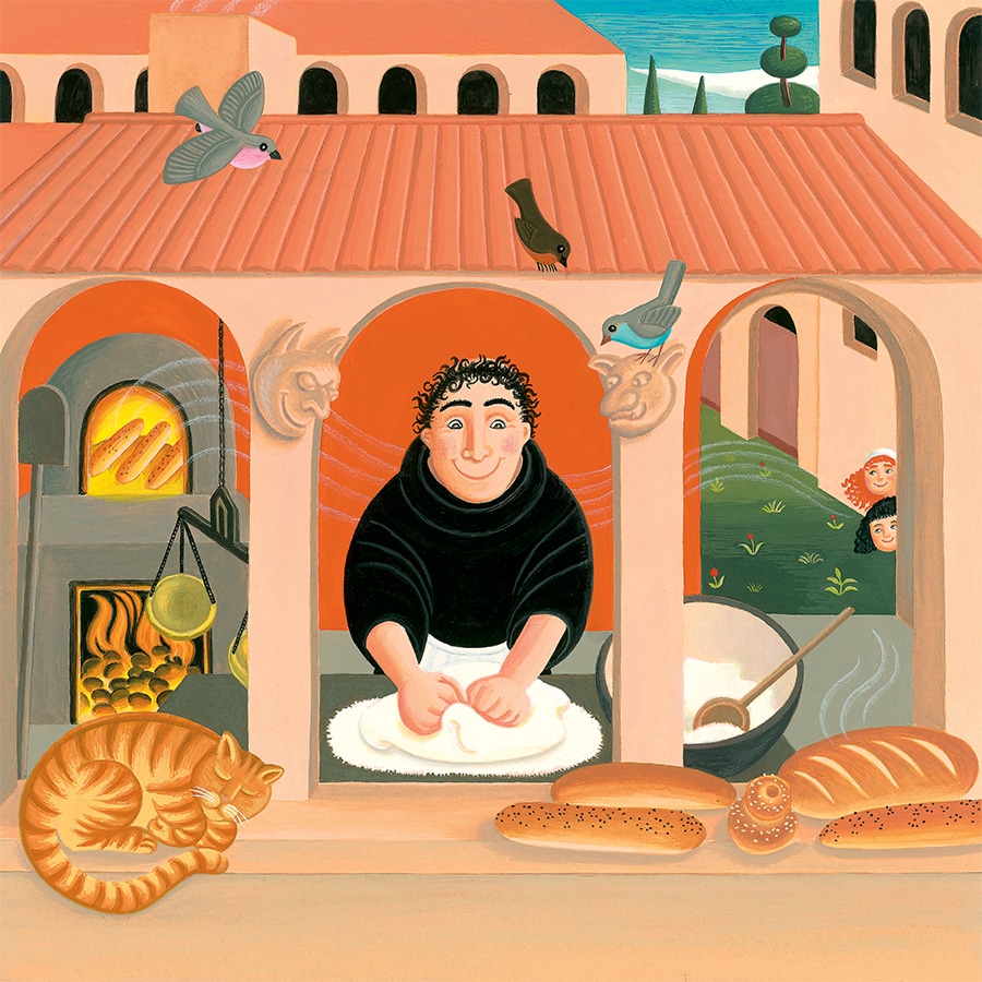 Brother Giovannis Little Reward Gallery. Illustration 6 ‘Brother Giovanni kneading dough in his bakery’ (Pixel dimensions available w3670 x h3664 includes bleed)