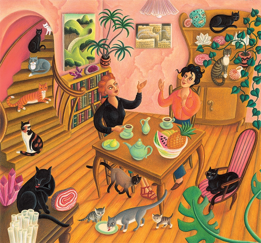 Out of This World: The Surreal Art of Leonora Carrington Gallery. Illustration 16 ‘Leonora and Remedios drink tea surrounded by cats’ (Pixel dimensions available w3604 x h3356 includes bleed)