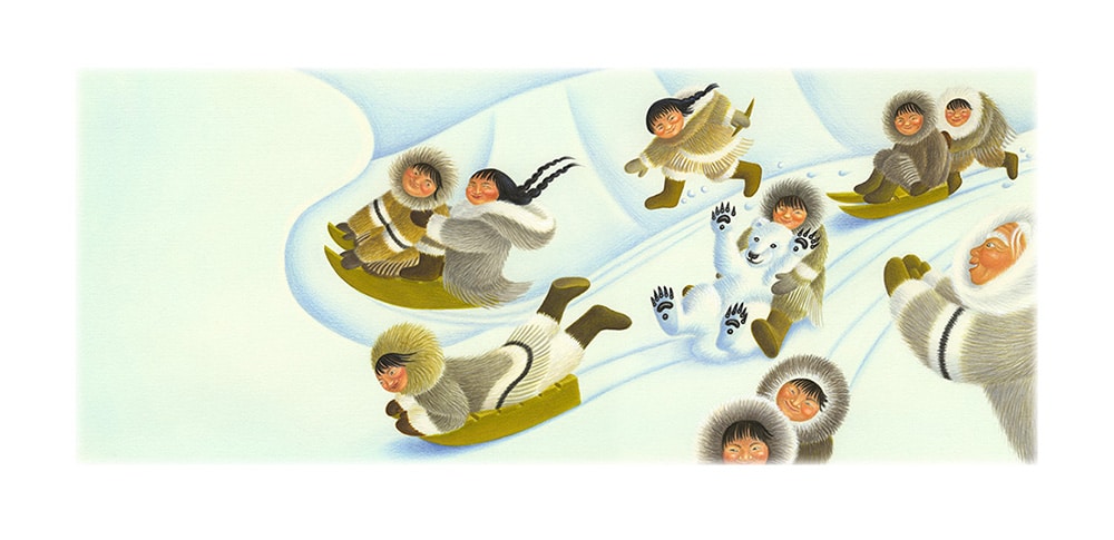 Little Bear Dawn Casey Gallery. Illustration 9 ‘The children came every morning to play with the bear.’ (Pixel dimensions available w12,303 x h5086 includes bleed)