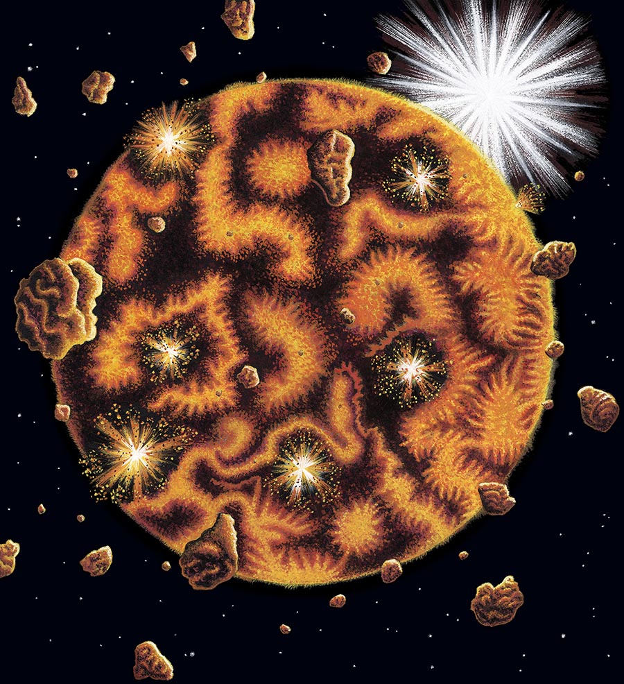 Geological illustration of Earth being bombarded by asteroids