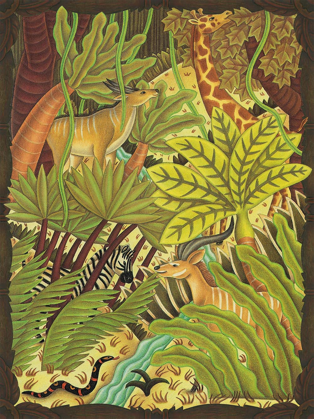 Henri Rousseau style jungle with zebra and giraffe
