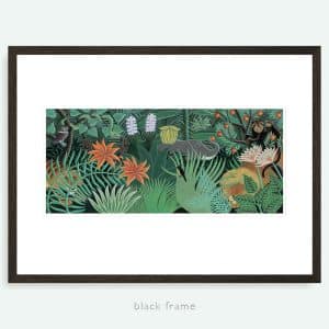 “The Equatorial Jungle” print in black frame. Sage green illustration showing Rousseau style jungle with elephant, monkeys tiger and lion.