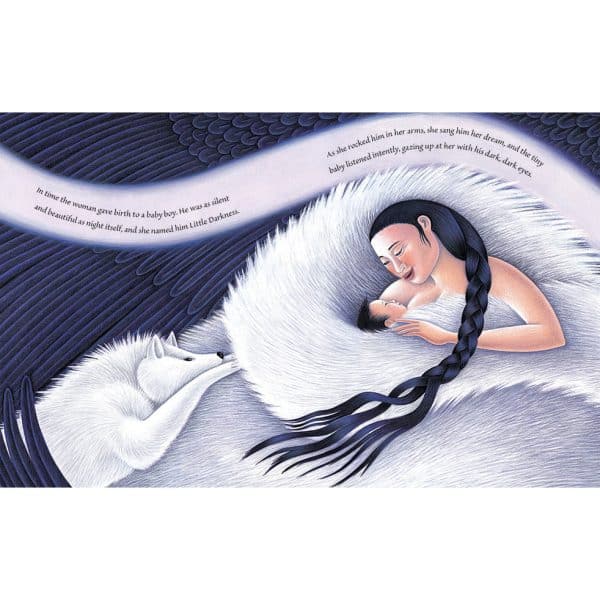 Song of the Raven. Illustration showing the mother with her baby, Little Darkness.