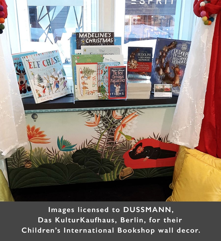 DUSSMANN 1 <br />
DUSSMANN, KulturKaufhaus, Berlin Children’s International Bookshop wall decor 1. Licensed by Amanda Hall