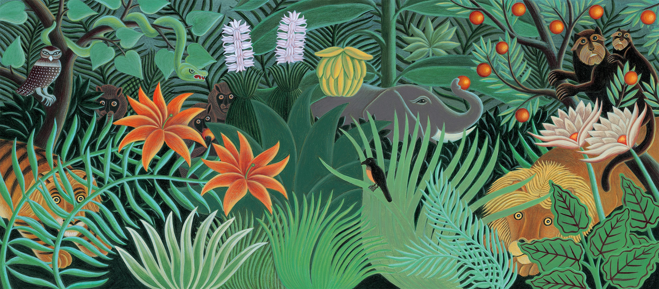 Henri Rousseau Jungles with lion and elephant. Henri Rousseau Jungles illustration Amanda Hall (File pixel dimensions available w6205 x h2734)