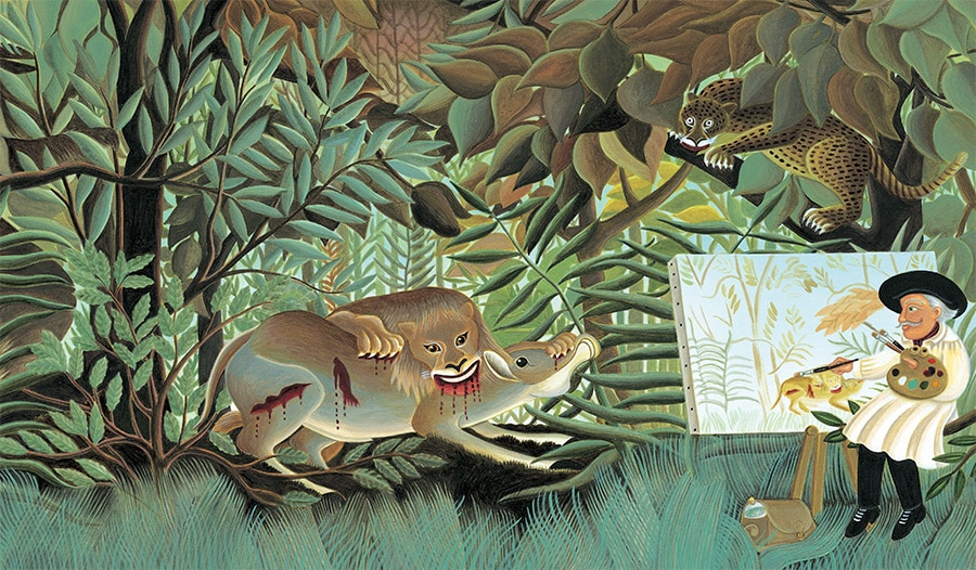 Henri Rousseau style illustration of 'The Hungry Lion Throws Itself on the Antelope' Henri Rousseau Jungles illustration Amanda Hall (File pixel dimensions available w4628 x h2713)