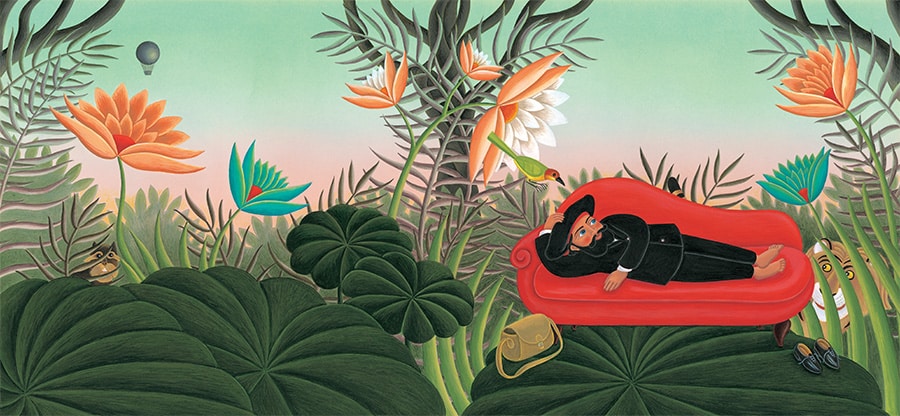Henri Rousseau syle illustration 'The Dream' Henri Rousseau Jungles illustration Amanda Hall (File pixel dimensions available w6875 x h3179)